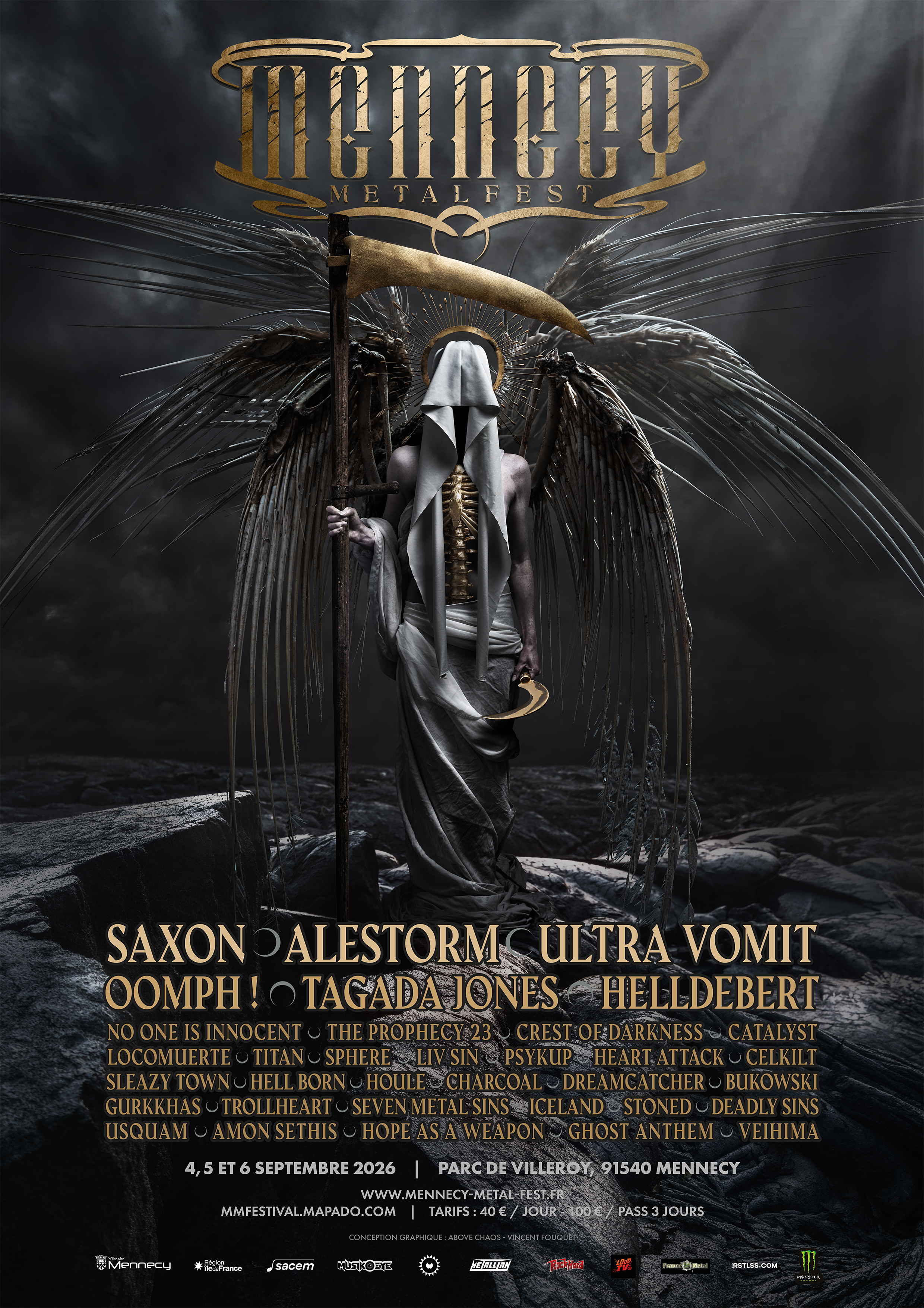 Affiche officielle Mennecy Metal Fest 2026 - Saxon, Alestorm, Ultra Vomit, Oomph!, Tagada Jones, Helldebert et plus - 4, 5 et 6 septembre 2026 au Parc de Villeroy, Mennecy
